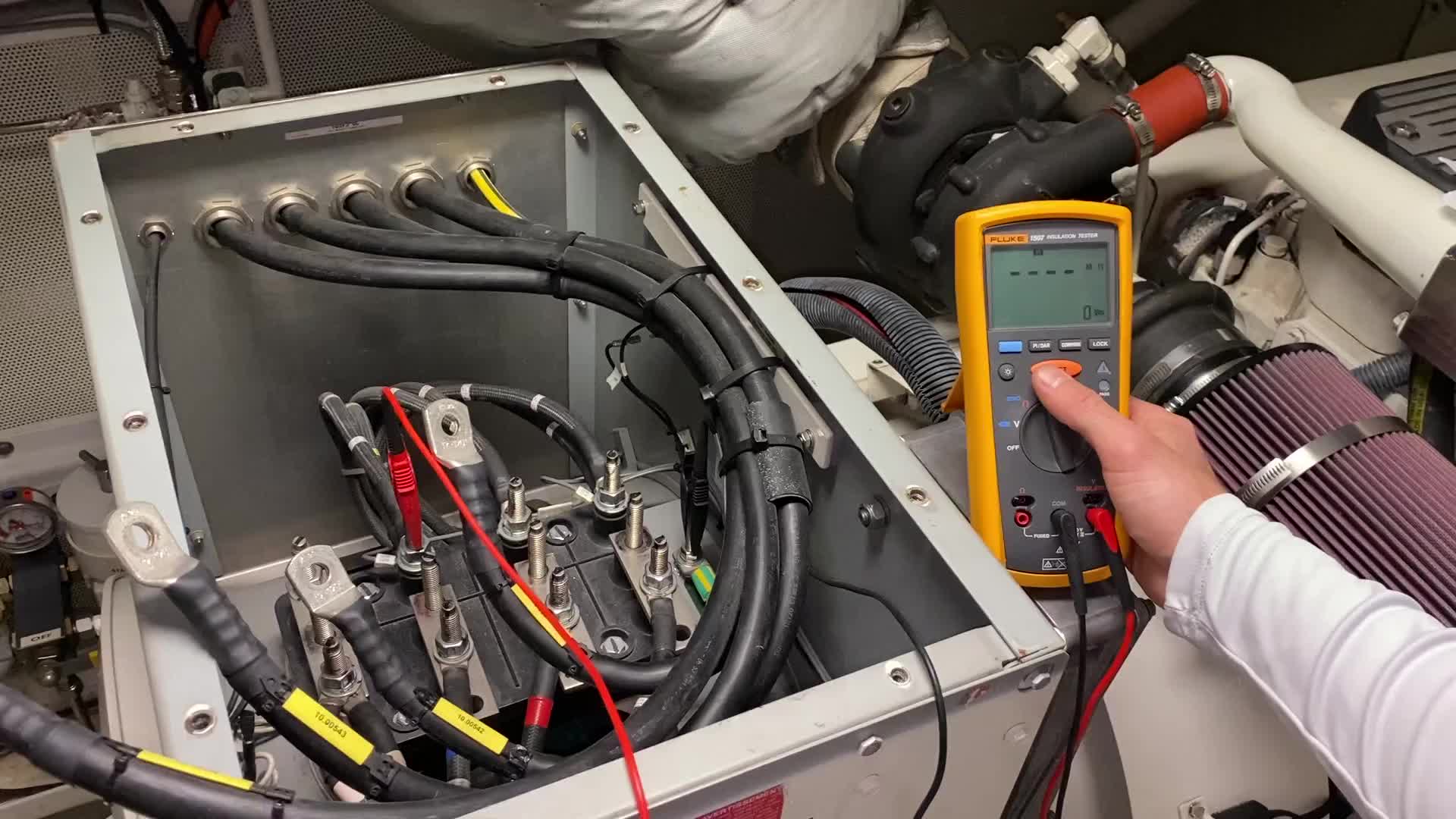 Insulation testing of marine power cabling and electrical connections.